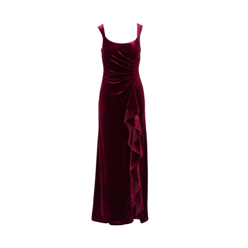 Adrianna Papell Burgundy Velvet Ruffle Front Gown NEW $219 Size 2